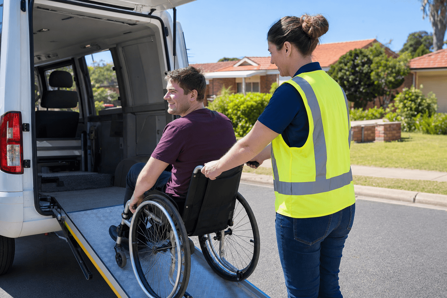 Support worker assisting a participant in a wheelchair exiting an accessible transport van